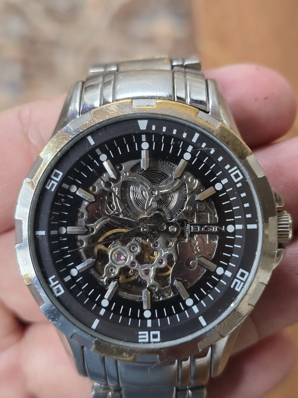 Skeleton Dial Stainless Steel Men's Watch - Silver/Gold FG8030 Elgin Automatic W